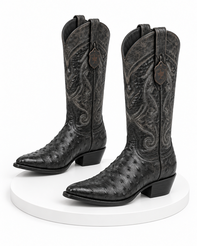 Los Altos Men’s Black Ostrich Pointed Toe Cowboy Boots, 1.5 Inch Walking Heel Botas De Avestruz