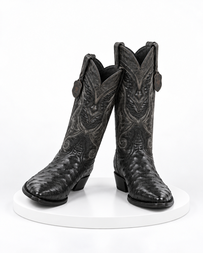 Los Altos Men’s Black Ostrich Pointed Toe Cowboy Boots, 1.5 Inch Walking Heel Botas De Avestruz