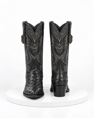 Los Altos Men’s Black Ostrich Pointed Toe Cowboy Boots, 1.5 Inch Walking Heel Botas De Avestruz