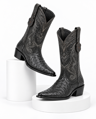 Los Altos Men’s Black Ostrich Pointed Toe Cowboy Boots, 1.5 Inch Walking Heel Botas De Avestruz