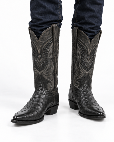 Los Altos Men’s Black Ostrich Pointed Toe Cowboy Boots, 1.5 Inch Walking Heel Botas De Avestruz