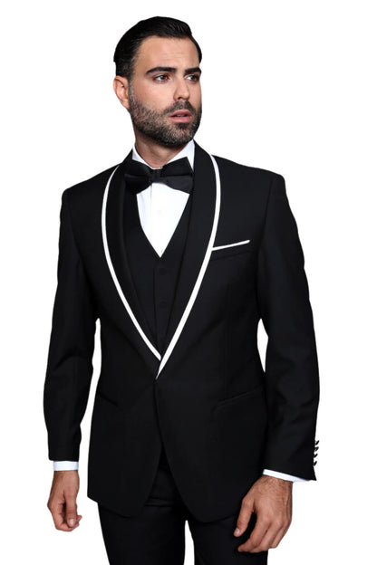 3-Piece Tailored Fit Wool Suit with Bow Tie and Flat Front Pants - Black Modern Fit