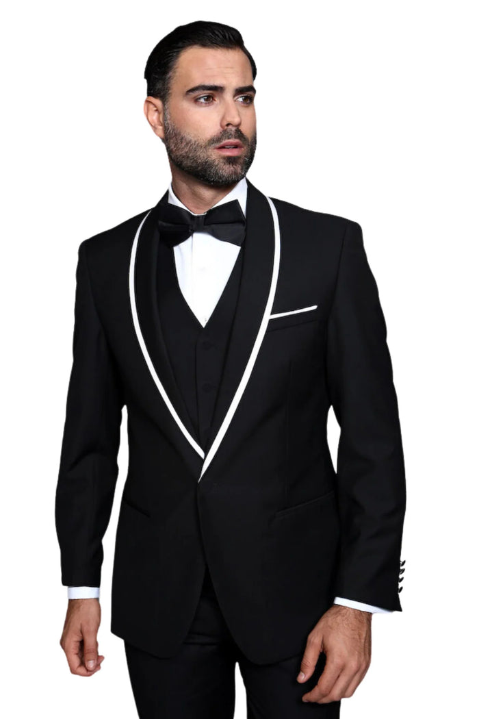 3-Piece Tailored Fit Wool Suit with Bow Tie and Flat Front Pants - Black Modern Fit