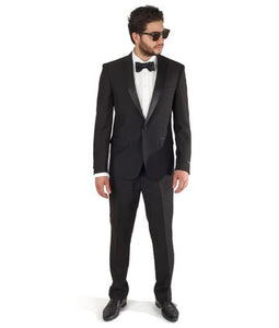 1 Button Peak Lapel Cotton Blend Slim Fit Flat Front Pants Black Designer Cheap Priced Men's Slim Fitted Suit - Skinny Fit Suit