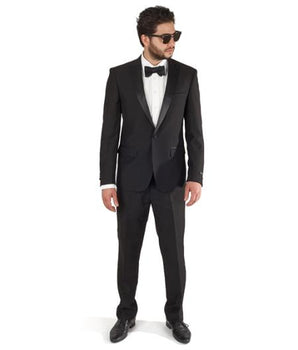 1 Button Peak Lapel Cotton Blend Slim Fit Flat Front Pants Black Designer Cheap Priced Men's Slim Fitted Suit - Skinny Fit Suit
