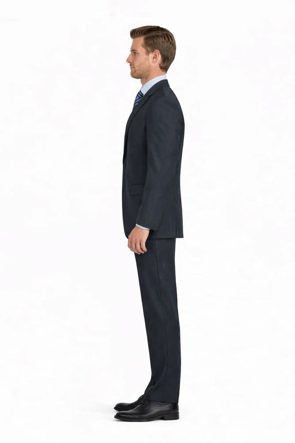 1 Button Dark Navy Solid 100% Wool Flat Front Fitted Suit - Image 2
