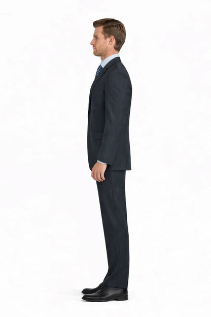 1 Button Dark Navy Solid 100% Wool Flat Front Fitted Suit - Image 2