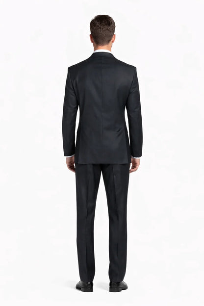1 Button Dark Navy Solid 100% Wool Flat Front Fitted Suit - Image 3
