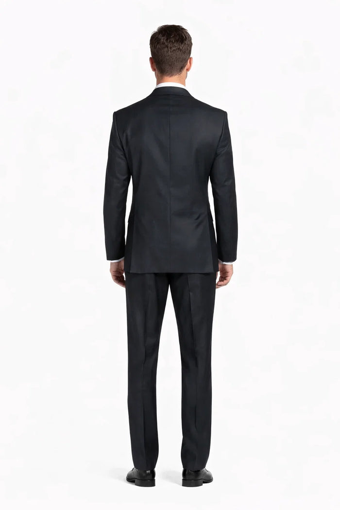 1 Button Dark Navy Solid 100% Wool Flat Front Fitted Suit - Image 3