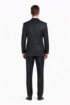 1 Button Dark Navy Solid 100% Wool Flat Front Fitted Suit - Image 3