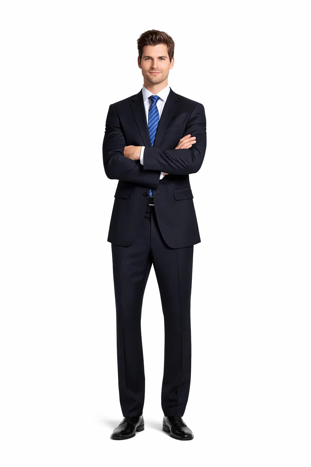 1 Button Dark Navy Solid 100% Wool Flat Front Fitted Suit - Image 6