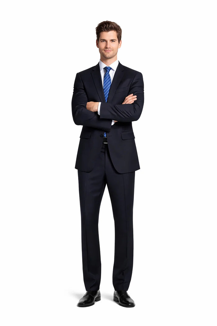 1 Button Dark Navy Solid 100% Wool Flat Front Fitted Suit - Image 6