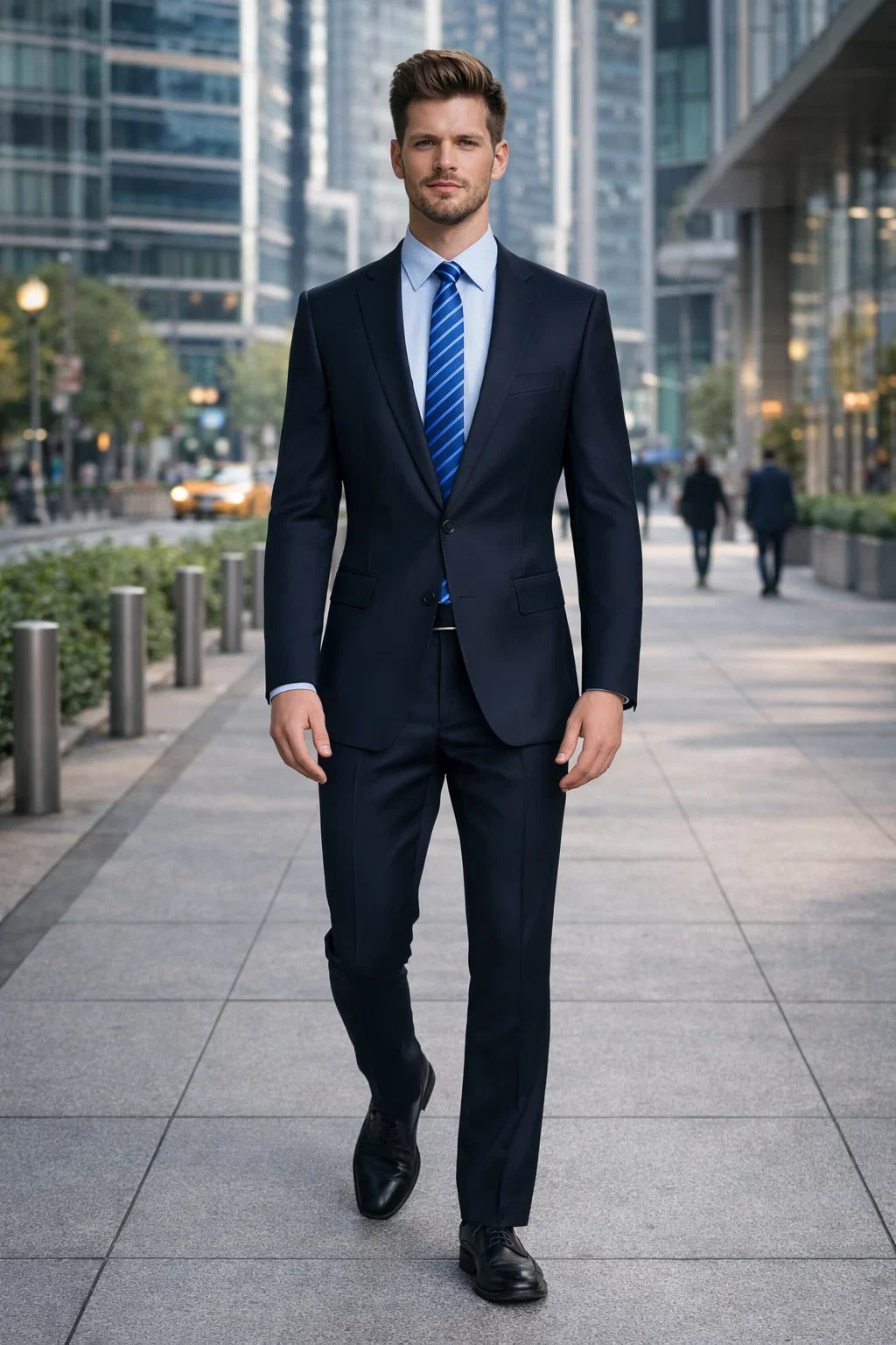 1 Button Dark Navy Solid 100% Wool Flat Front Fitted Suit - Image 5