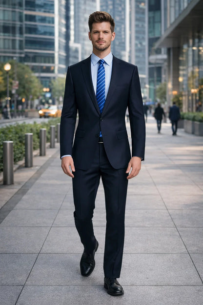 1 Button Dark Navy Solid 100% Wool Flat Front Fitted Suit - Image 5