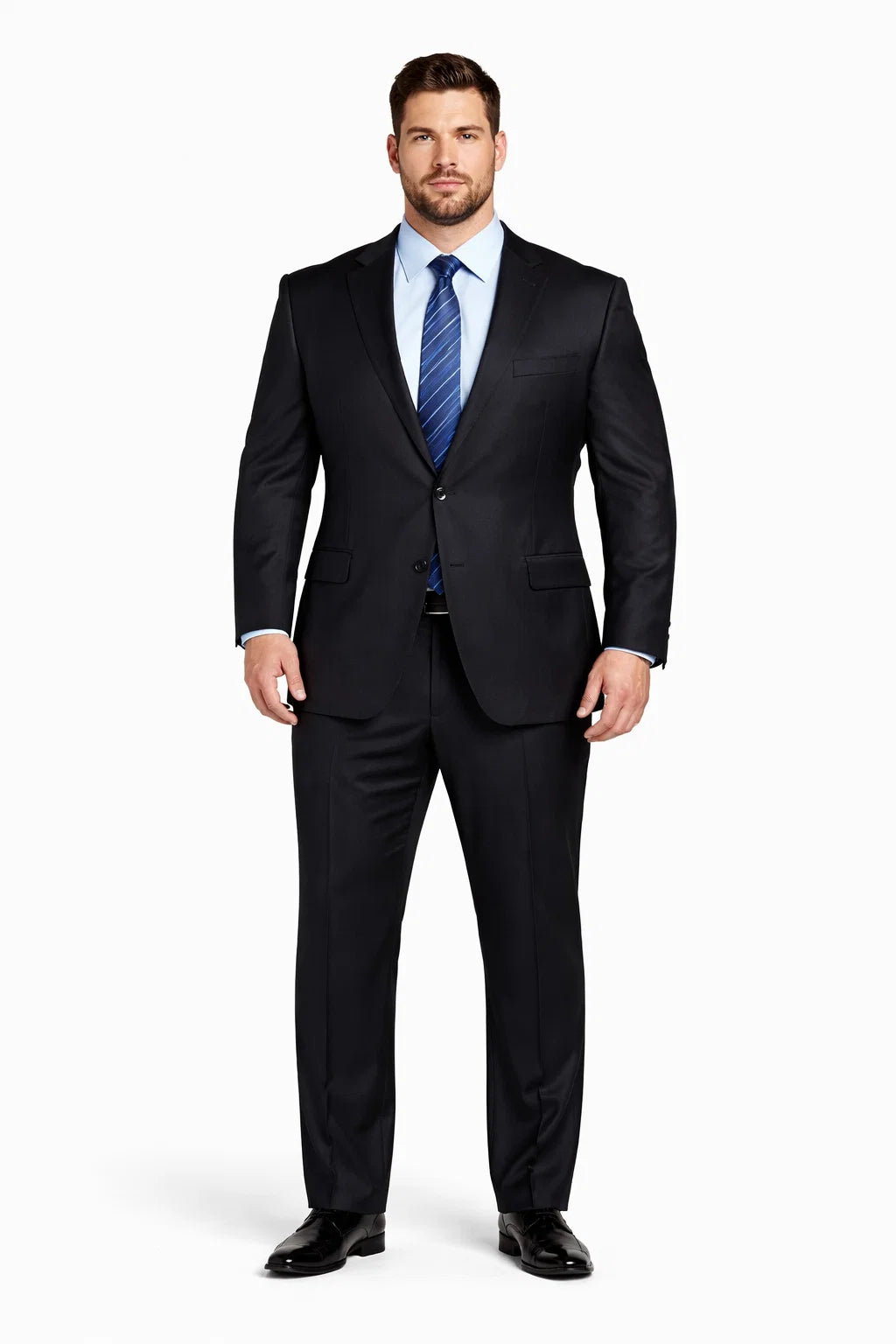 1 Button Dark Navy Solid 100% Wool Flat Front Fitted Suit - Image 8