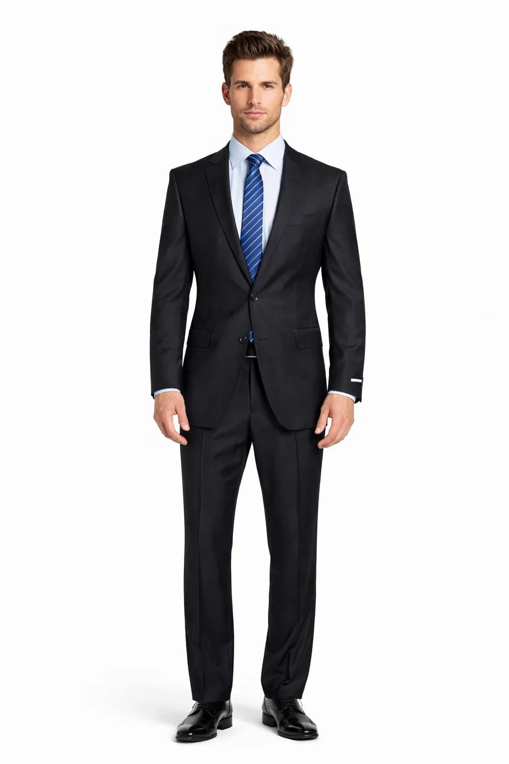 1 Button Dark Navy Solid 100% Wool Flat Front Fitted Suit