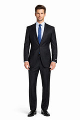 1 Button Dark Navy Solid 100% Wool Flat Front Fitted Suit