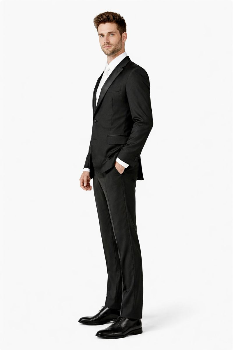 1 Button Peak Jean Tuxedo - Black Peak Lapel Tuxedo Suit - Wide Lapel Tuxedo - Image 2