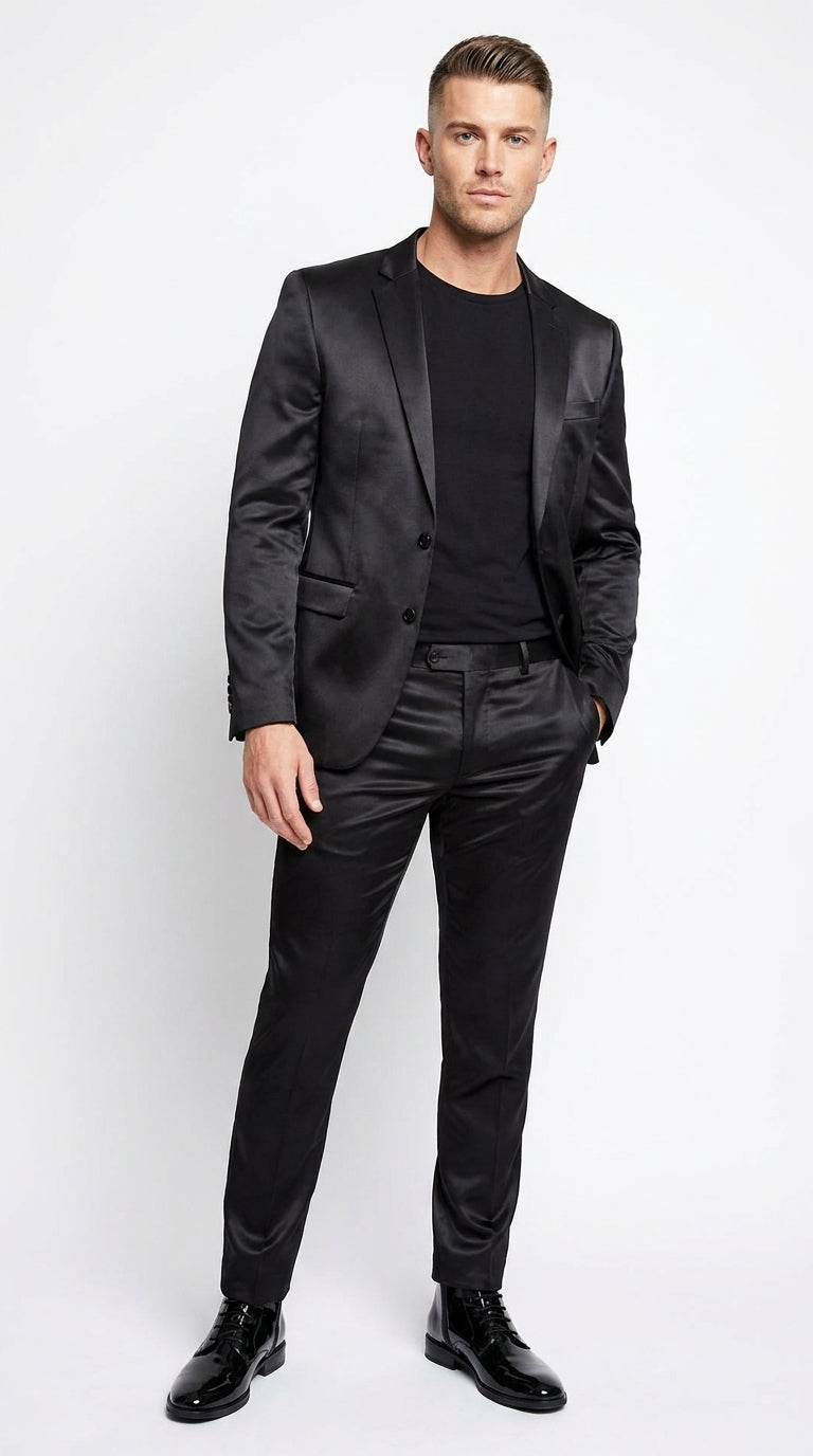 Men’s Black Shiny Sharkskin 2 Piece Suit, Formal Wedding Prom Party Dress Suit  Modern Fit