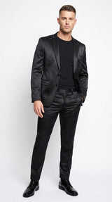 Men’s Black Shiny Sharkskin 2 Piece Suit, Formal Wedding Prom Party Dress Suit  Modern Fit