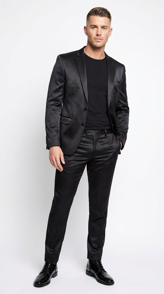 Men’s Black Shiny Sharkskin 2 Piece Suit, Formal Wedding Prom Party Dress Suit  Modern Fit