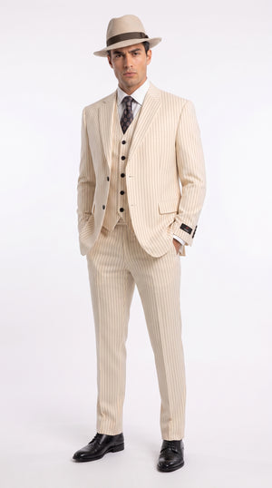 Men’s Ivory Cream Pinstripe Scarface Suit – Vintage Gangster Modern Fit 3-Piece Wedding Suit Modern Fit