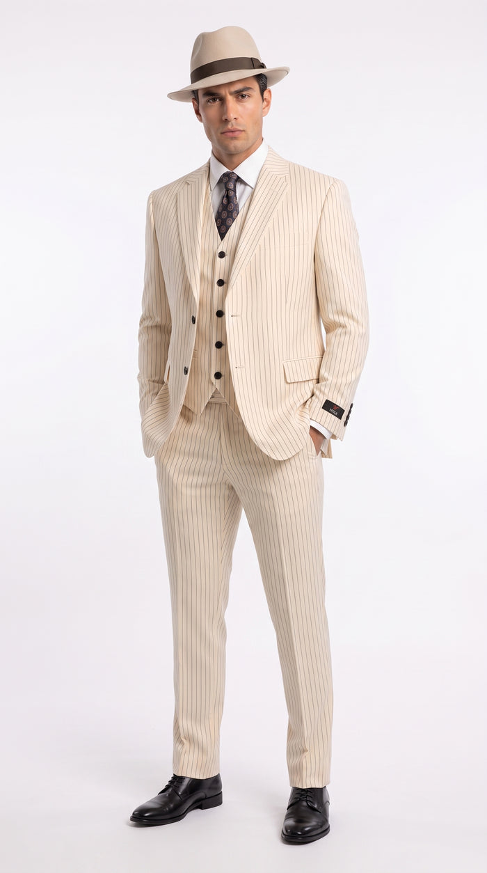 Men’s Ivory Cream Pinstripe Scarface Suit – Vintage Gangster Modern Fit 3-Piece Wedding Suit Modern Fit