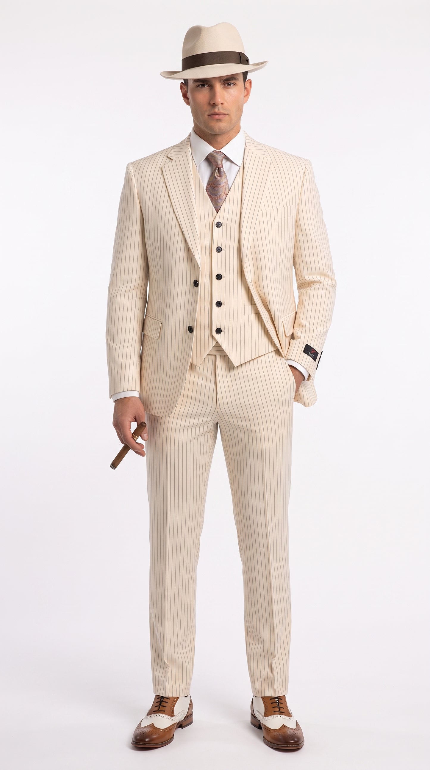 Men’s Ivory Cream Pinstripe 3-Piece Suit – 1920s Gangster Gatsby Wedding and Formal Suit  Modern Fit