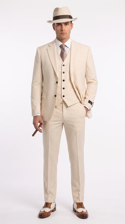Men’s Ivory Cream Pinstripe 3-Piece Suit – 1920s Gangster Gatsby Wedding and Formal Suit  Modern Fit