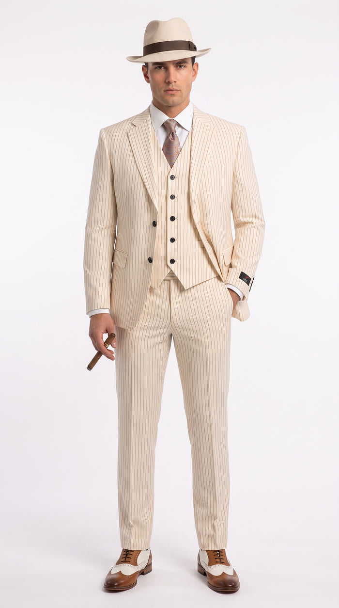 Men’s Ivory Cream Pinstripe 3-Piece Suit – 1920s Gangster Gatsby Wedding and Formal Suit  Modern Fit