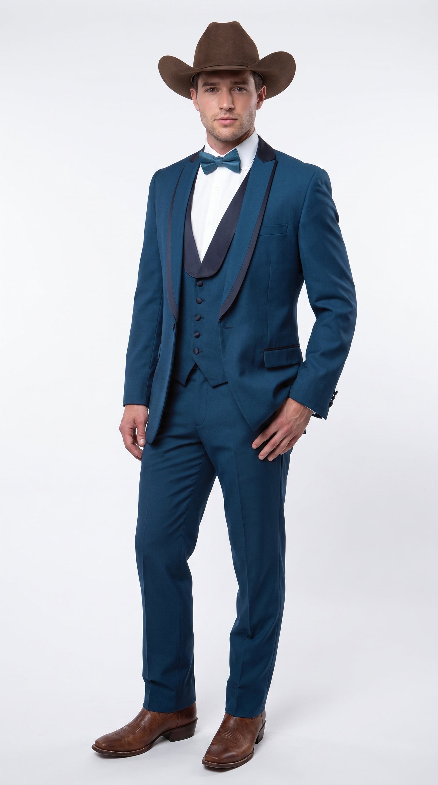Men’s Teal Blue Western Tuxedo Suit, 3 Piece Cowboy Formal Wedding Prom Suit with Black Shawl Lapel Saphire