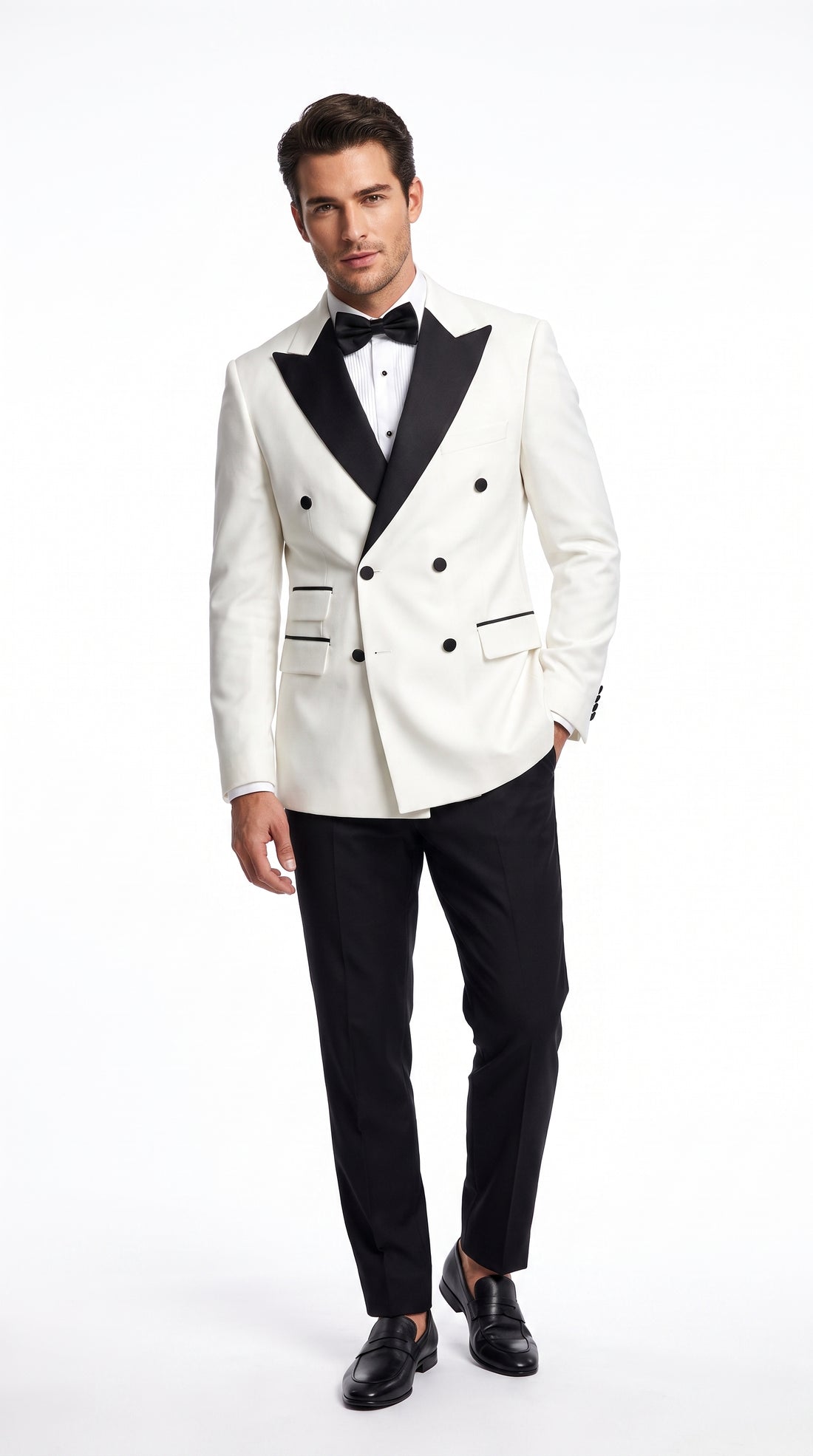 Men’s Vintage Hollywood Ivory Double-Breasted Tuxedo – Black Peak Lapel Wedding and Formal Suit Ivory / 42 Regular Jacket+36 Waist Pants Adjust 32to38