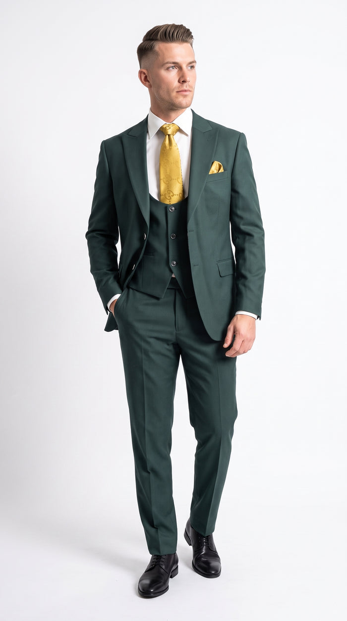 Mens Vitali 3 Piece Suit W/Scoop Vest Hunter Green 3-Piece Suit –, Big Peak Lapel  Vest and Pants  Two Buttons Modern Fit