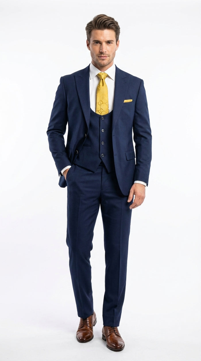 Mens Vitali 3 Piece Suit W/Scoop Vest Navy Blue 3-Piece Suit – Big Peak Lapel  Vest and Pants Two Buttons  Modern Fit