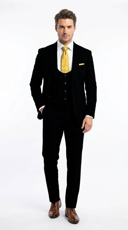 Vitali Men's Modern Fit 3-Piece Black Suit – 2-Button Jacket with Scoop Neck Vest