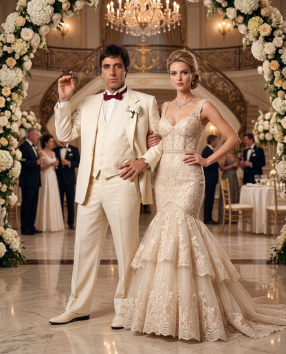 Tony Montana’s Ivory Vested Suit – Classic Ivory 3 Piece Suit for Wedding, Formal and Evening Wear
