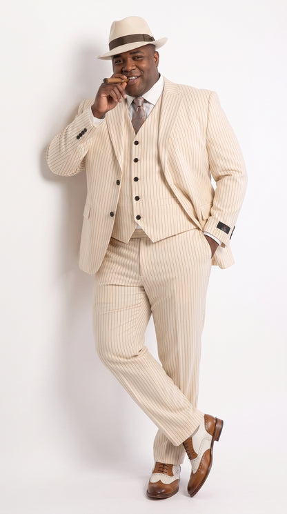 Men’s Ivory Cream Pinstripe 3-Piece Suit – 1920s Gangster Gatsby Wedding and Formal Suit  Modern Fit
