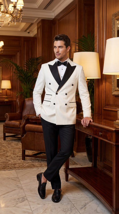 Men’s Vintage Hollywood WHITE/BLACK Double-Breasted Tuxedo – Black Peak Lapel Wedding and Formal Suit