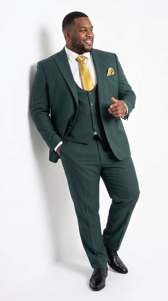 Mens Vitali 3 Piece Suit W/Scoop Vest Hunter Green 3-Piece Suit –, Big Peak Lapel  Vest and Pants  Two Buttons Modern Fit
