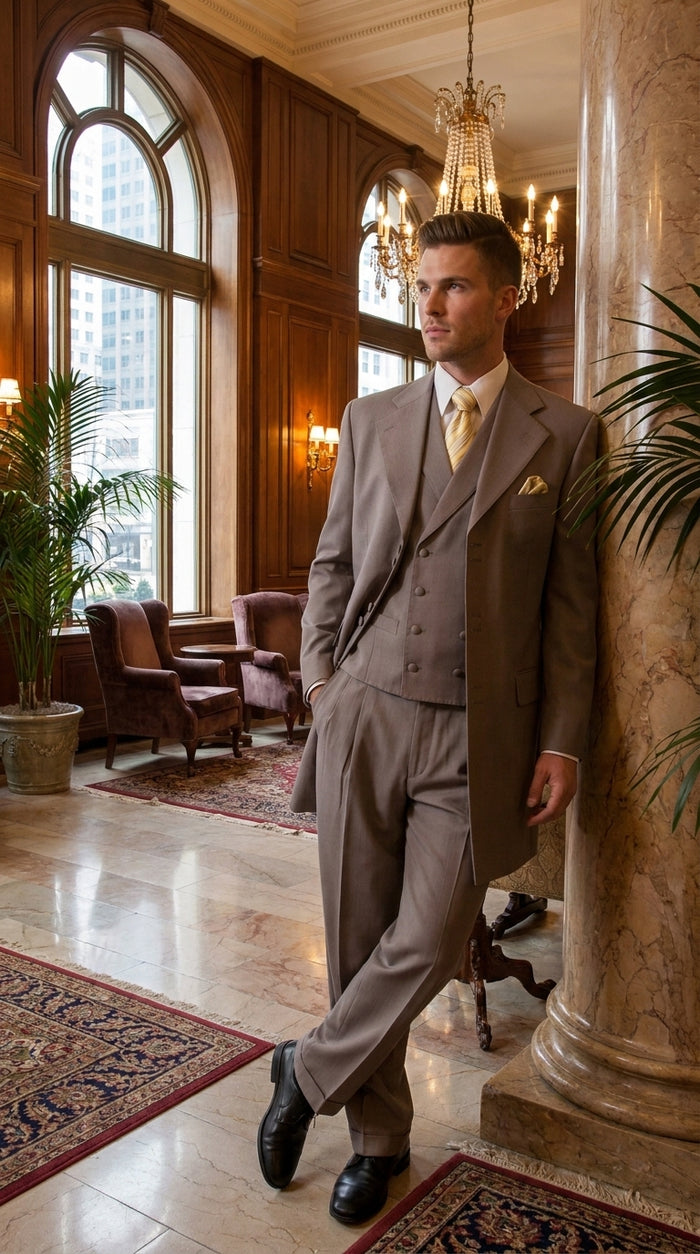 Men’s Light Kahki Sand 3-Piece Suit – Six-Button Jacket with Double-Breasted Vest and Pleated Pants Tan color Modern Fit