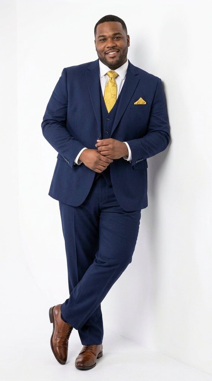 Mens Vitali 3 Piece Suit W/Scoop Vest Navy Blue 3-Piece Suit – Big Peak Lapel  Vest and Pants Two Buttons  Modern Fit