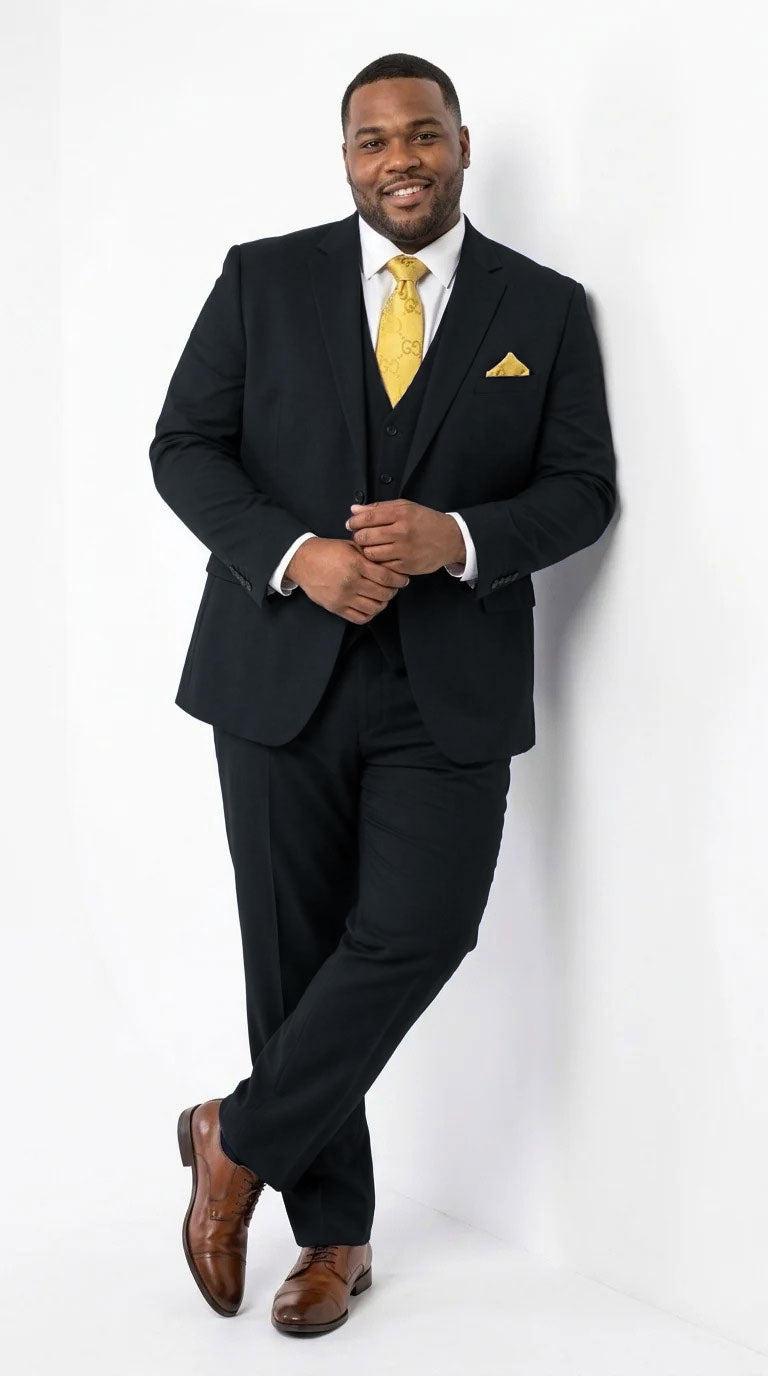 Vitali Men's Modern Fit 3-Piece Black Suit – 2-Button Jacket with Scoop Neck Vest