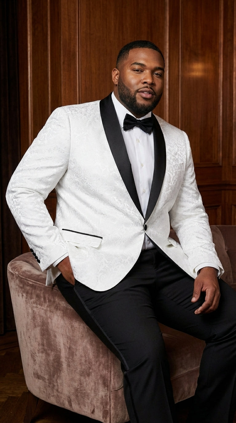 Men’s White Dinner Jacket Disco Blazer 1980s Sequin Style Jacket – Black Lapel Party Blazer, Formal Masquerade Club Wear Paisley Fabric + Bowtie