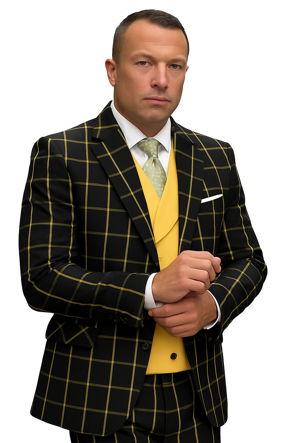 Athletic Suit - Black ~ Yellow Windowpane - Plaid Suit Modern Fit Side Vented Super 150's Wool Fabric - 100% Percent Wool Fabric Suit - Worsted Wool Business Suit - Image 7