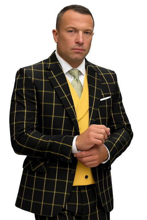Athletic Suit - Black ~ Yellow Windowpane - Plaid Suit Modern Fit Side Vented Super 150's Wool Fabric - 100% Percent Wool Fabric Suit - Worsted Wool Business Suit