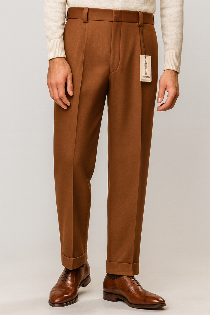 Mens Pant - Pleated Wide Leg - Copper - 100% Percent Wool Fabric