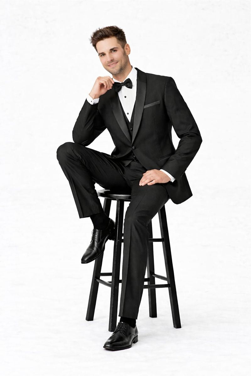 100%Poly Slim Fitted Traditional Fitc Cut 1 Button Black Best Designer One Button Black Tuxedo Suit For Men Slim Fit Black Tuxedo - Skinny Fit Tuxedo - Image 8