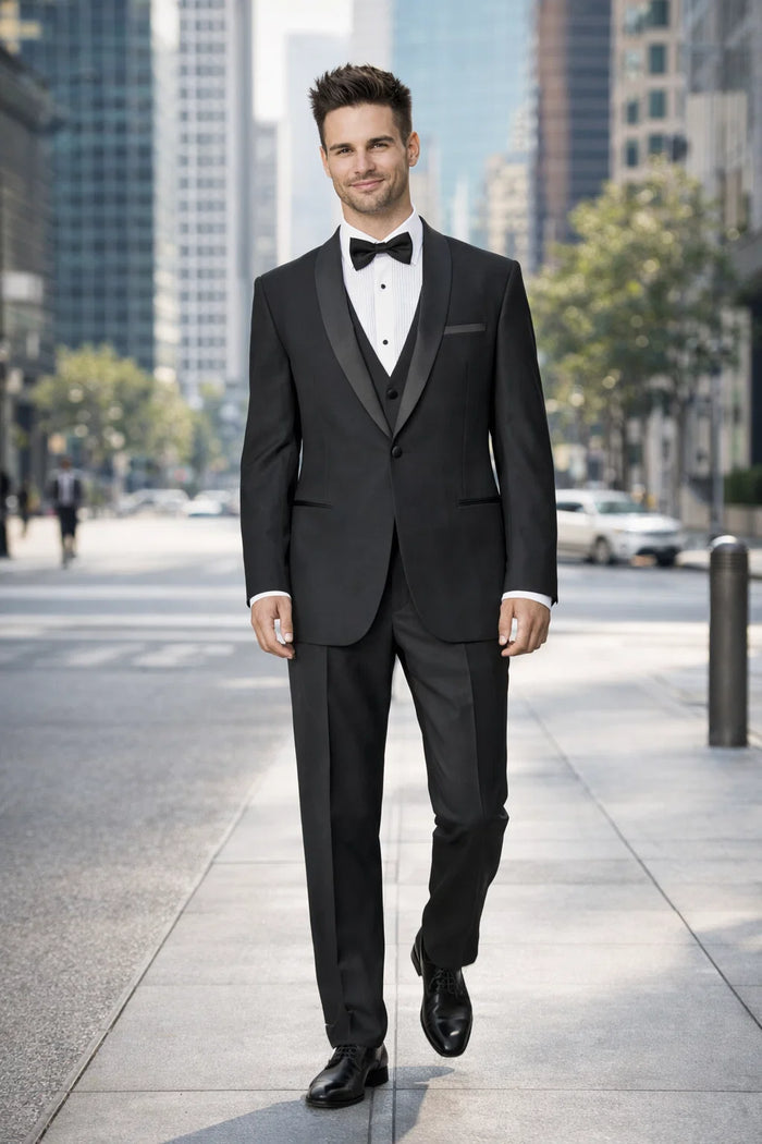 100%Poly Slim Fitted Traditional Fitc Cut 1 Button Black Best Designer One Button Black Tuxedo Suit For Men Slim Fit Black Tuxedo - Skinny Fit Tuxedo - Image 5
