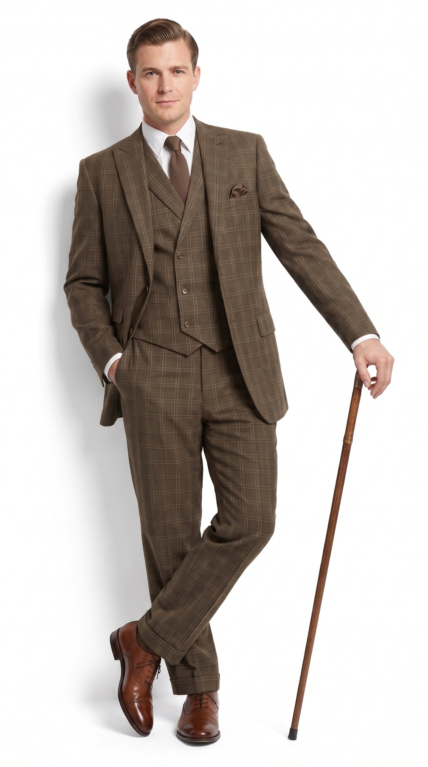 Men’s 1930s Brown Plaid 3 Piece Suit, Vintage Formal Wedding Business Dress Suit Set  Modern Fit