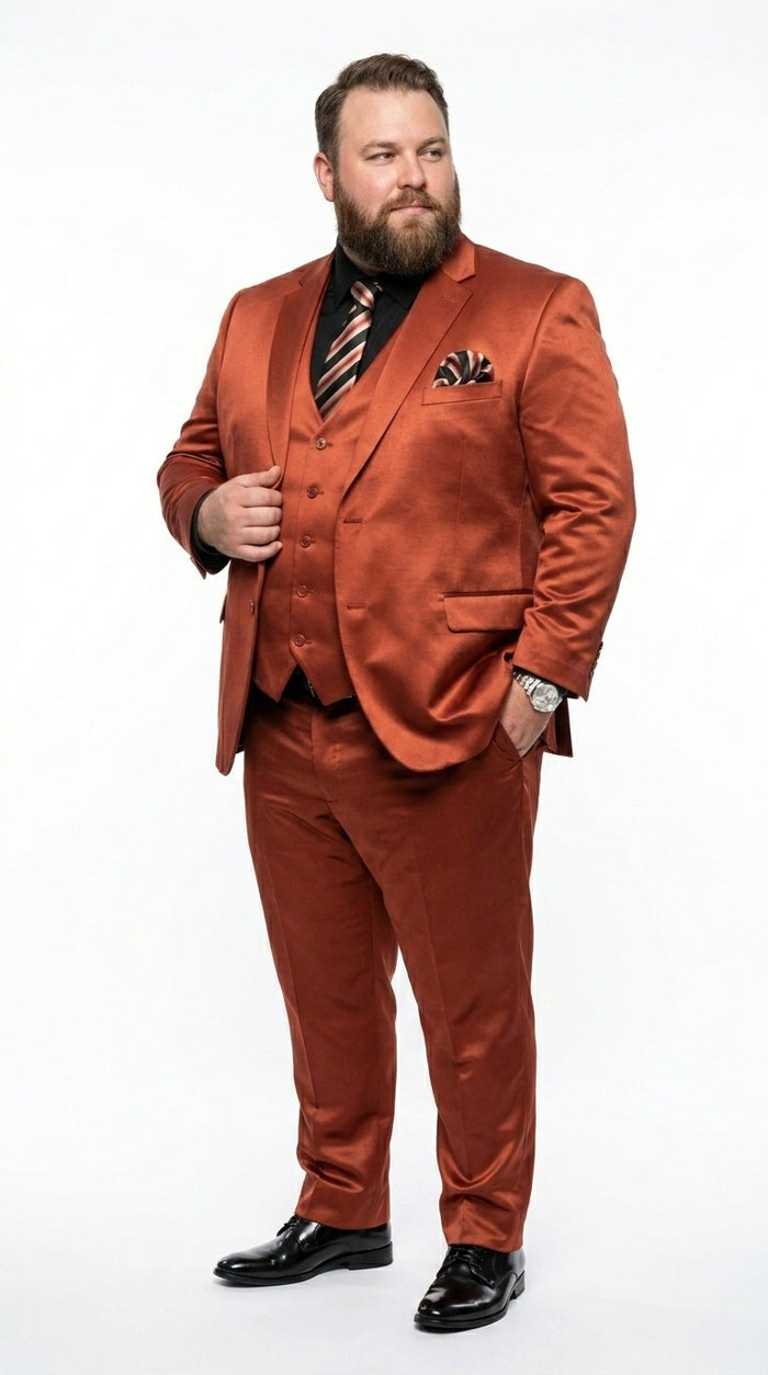 Men’s Rust Copper Coganc Shiny Sateen 3 Piece Suit, Vested Formal Wedding Prom Suit Set Ultra Slim Fit